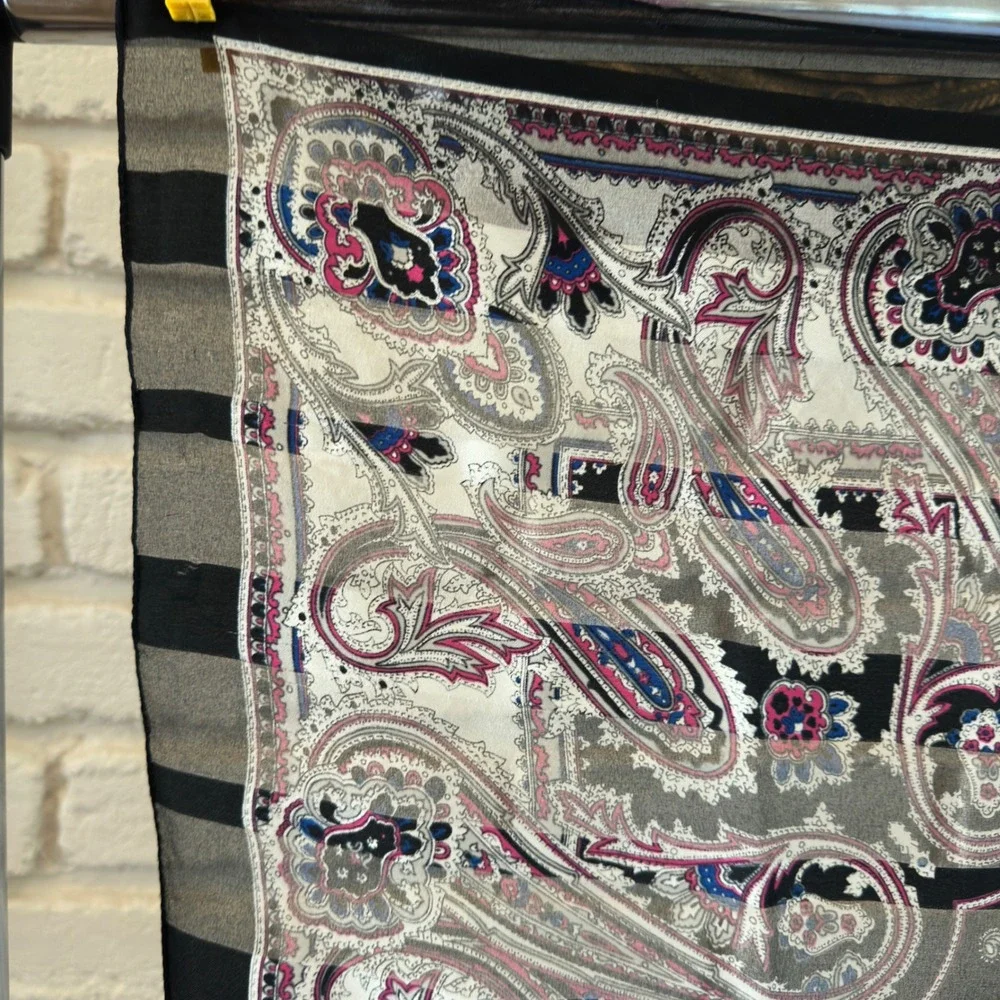 Paisley Square Scarf Black Grey Pink Striped Chiffon Large 33in Accessory